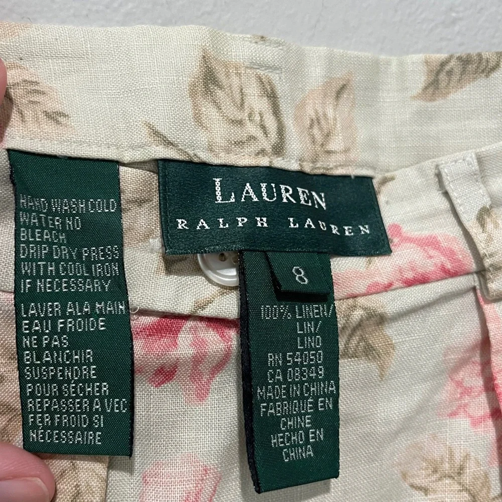 Vintage Lauren Ralph Lauren Shorts Womens 8 Beige Floral Linen Pleated Cuffed - Picture 3 of 7